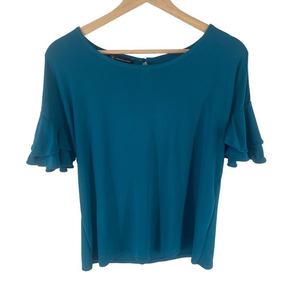 INC International Concepts Women's Ruffled Sleeve Top Shirt Stretch Blue Medium